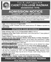 Admission notice for Cadet College Razmak, Bannu